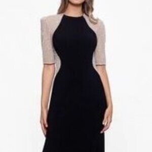 NWT Xscape Cavia Beaded Mesh Short Sleeve Crew Neck Jersey Sheath Gown